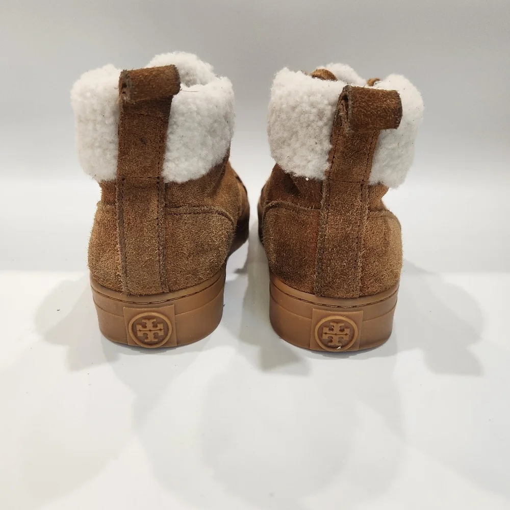 Tory Burch Brown Suede Shearling Trim High-Top Sneakers - Picture 4 of 9
